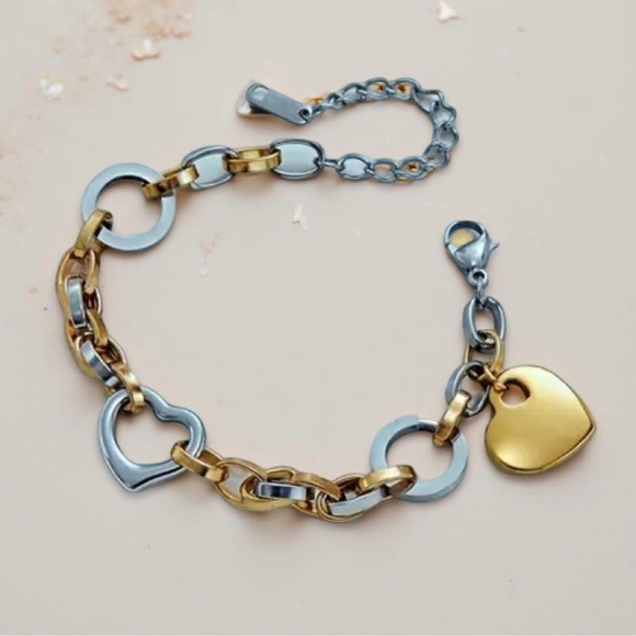 Two Tone Chain - Heart Charm Bracelets - Picture 4 of 4